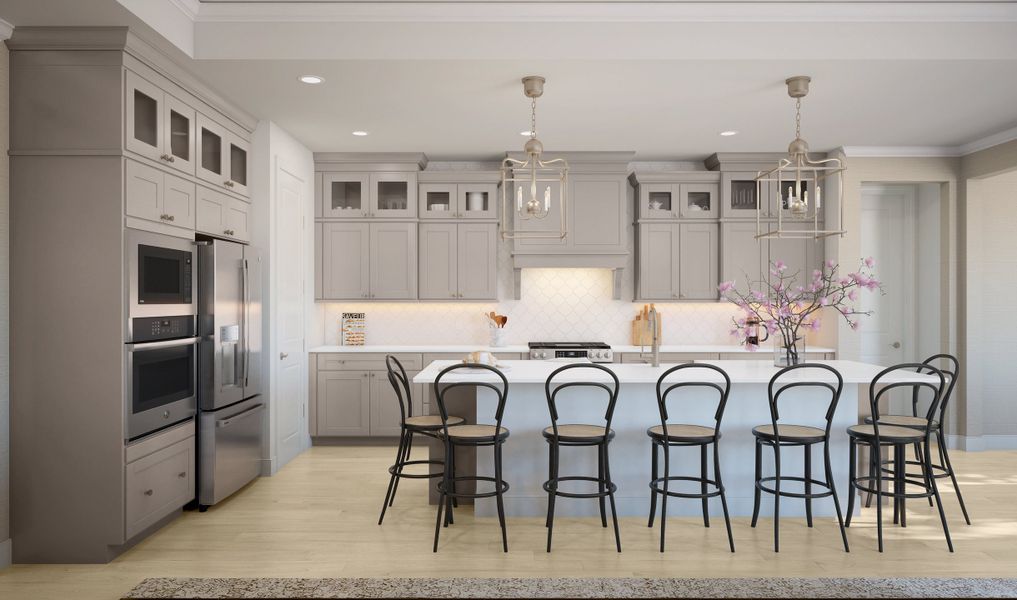 Kitchen with glass upper cabinets and pendant lighting
