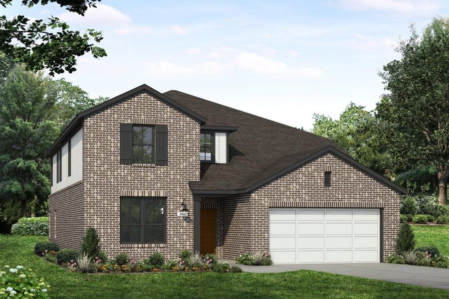 Rendering of two story home with white stucco, siding, garage, black accents, and dark brick, driveway, and landscaping Rendering of two story home with white stucco, siding, garage, black accents, and dark brick, driveway, and landscaping