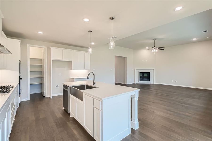 Kitchen with a kitchen island with sink, dark hardwood / wood-style flooring, white cabinetry, and sink