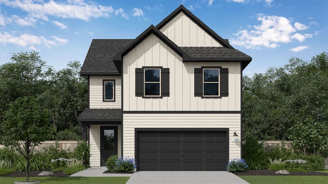 Representative exterior photo of a completed home built from the Ailynn by New Home Co. in The Cottages Collection at Oakberry Trails, Waller, TX (Image 6). Representative exterior photo of a completed home built from the Ailynn by New Home Co. in The Cottages Collection at Oakberry Trails, Waller, TX (Image 6).