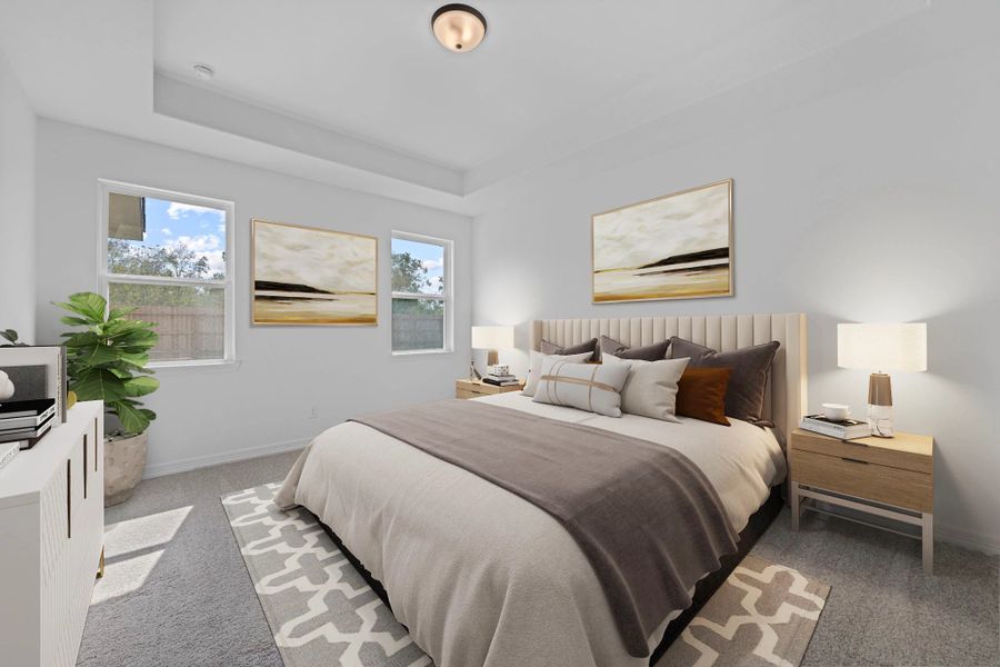 Primary bedroom. Note: Sample product photo. Actual exterior and interior selections may vary by homesite. Photo may be virtually staged