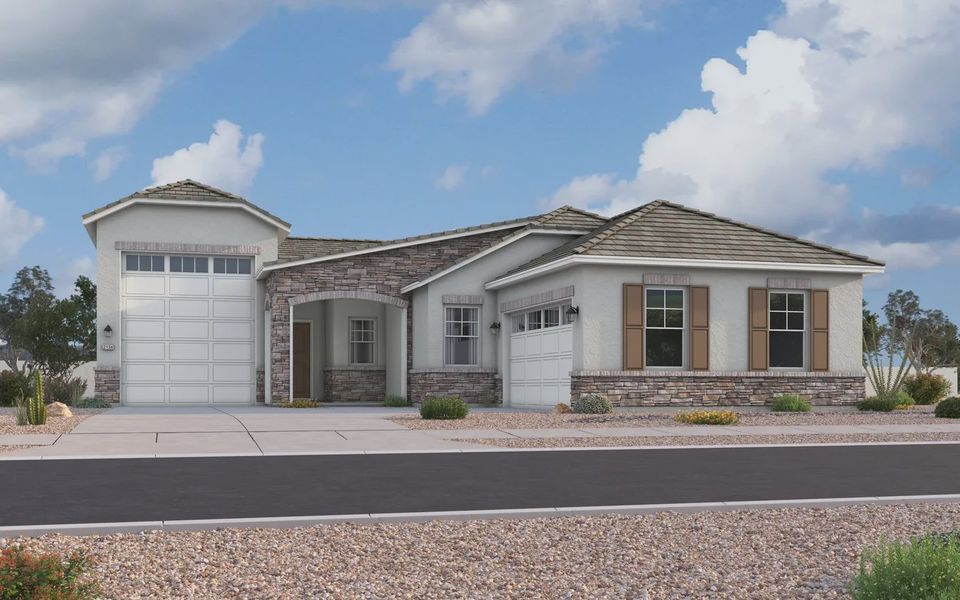 Front exterior of a new home in Valencia at Granite Vista, Waddell, AZ, highlighting curb appeal (Image 21).