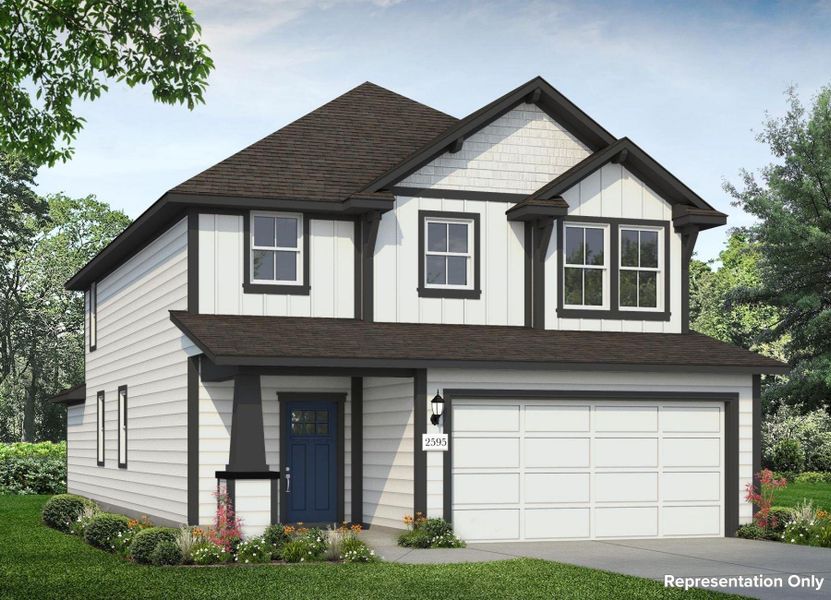 Front exterior of a new home in Durango, Mustang Ridge, TX, highlighting curb appeal (Image 1). Front exterior of a new home in Durango, Mustang Ridge, TX, highlighting curb appeal (Image 1).