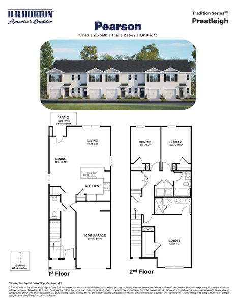 2D floor plan layout for the PEARSON by D.R. Horton in The Townes at Prestleigh, Wake Forest, NC (Image 3).