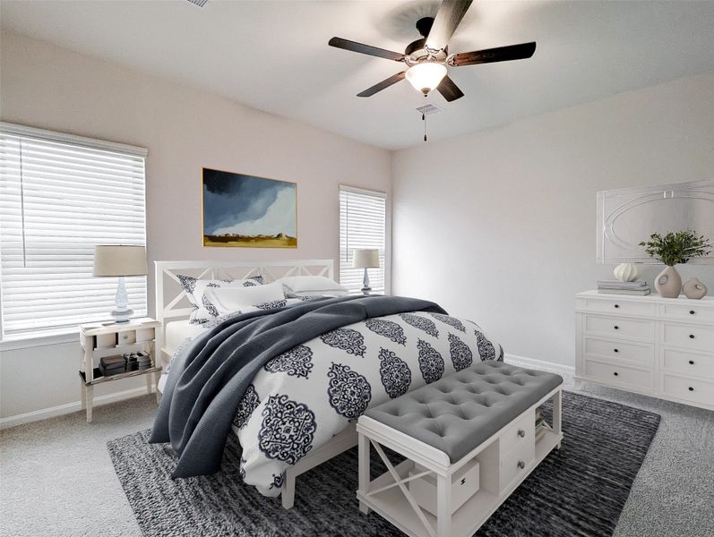 Large master bedroom overlooking backyard with ceiling fan (virtually staged)