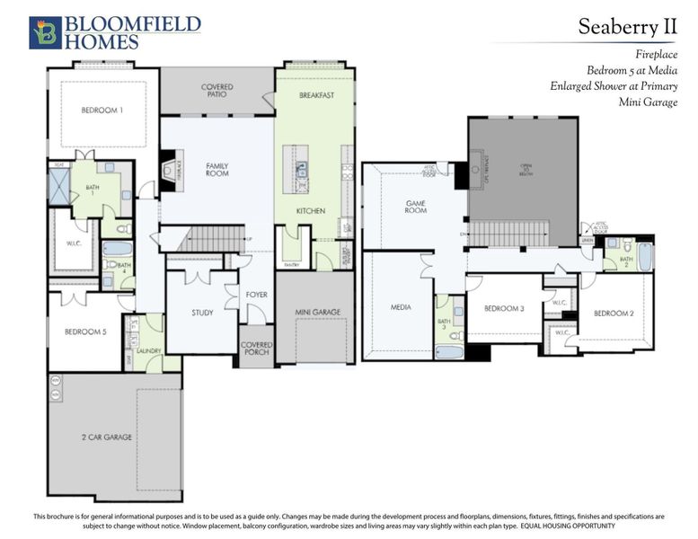 Bloomfield Homes Seaberry II floor plan with 5 bedrooms, game room, media room, and two-car garage. Bloomfield Homes Seaberry II floor plan with 5 bedrooms, game room, media room, and two-car garage.