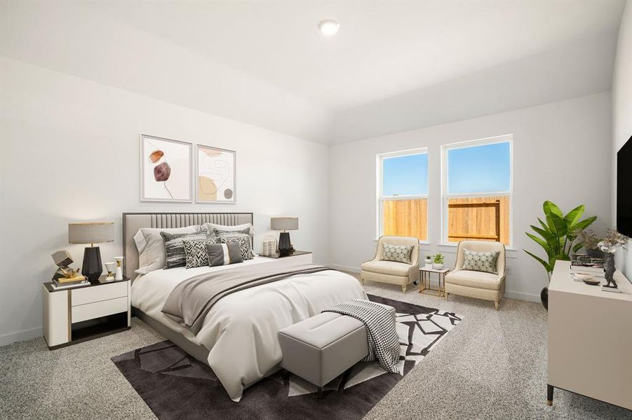 What a wonderful place to come home to, this stunning primary suite greets you with gorgeous plush carpet floors, high ceiling, lovely windows allowing in natural light brightening up this spacious primary bedroom, with extra space for a seating area.