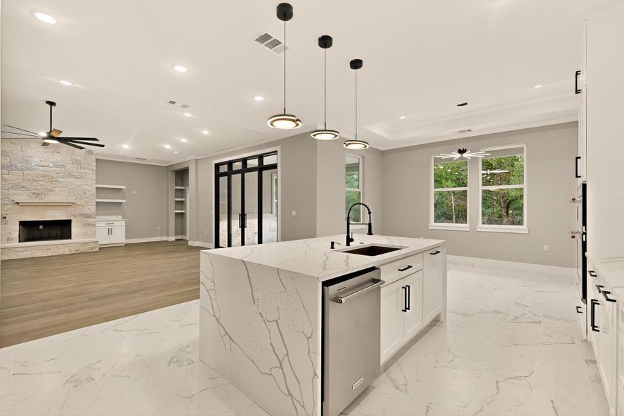 Kitchen with tile flooring, quartz counters, pendant lighting, white cabinets, Kitchen with tile flooring, quartz counters, pendant lighting, white cabinets,