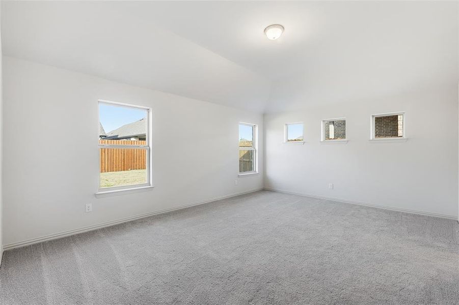 Empty room with carpet floors and vaulted ceiling Empty room with carpet floors and vaulted ceiling