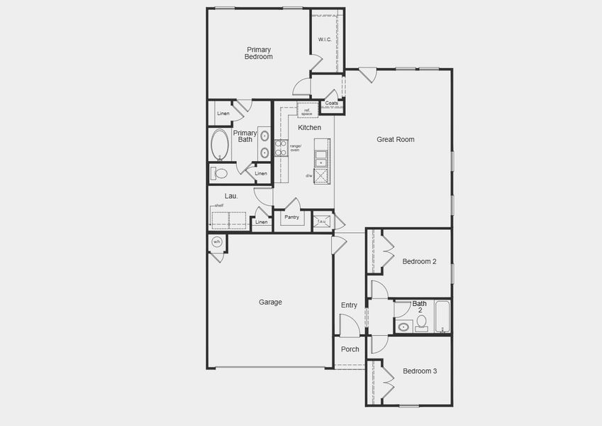 2D floor plan layout for the Plan 1492 by KB Home in Saddlebrook Preserve, Beasley, TX (Image 3).