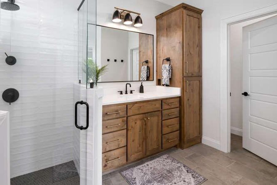Bathroom with vanity and a stall shower Bathroom with vanity and a stall shower