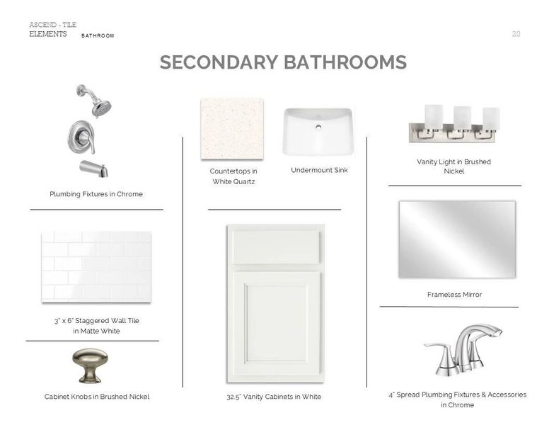 Elements Look Palette 1: Secondary Bathroom Selection Sheet (*Artist rendering used for illustration purposes only.) Elements Look Palette 1: Secondary Bathroom Selection Sheet (*Artist rendering used for illustration purposes only.)