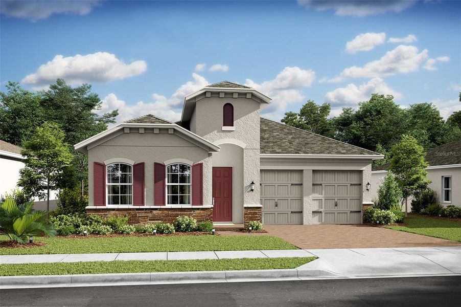 Front exterior of a new home in Osprey Ranch, Winter Garden, FL, highlighting curb appeal (Image 1). Front exterior of a new home in Osprey Ranch, Winter Garden, FL, highlighting curb appeal (Image 1).