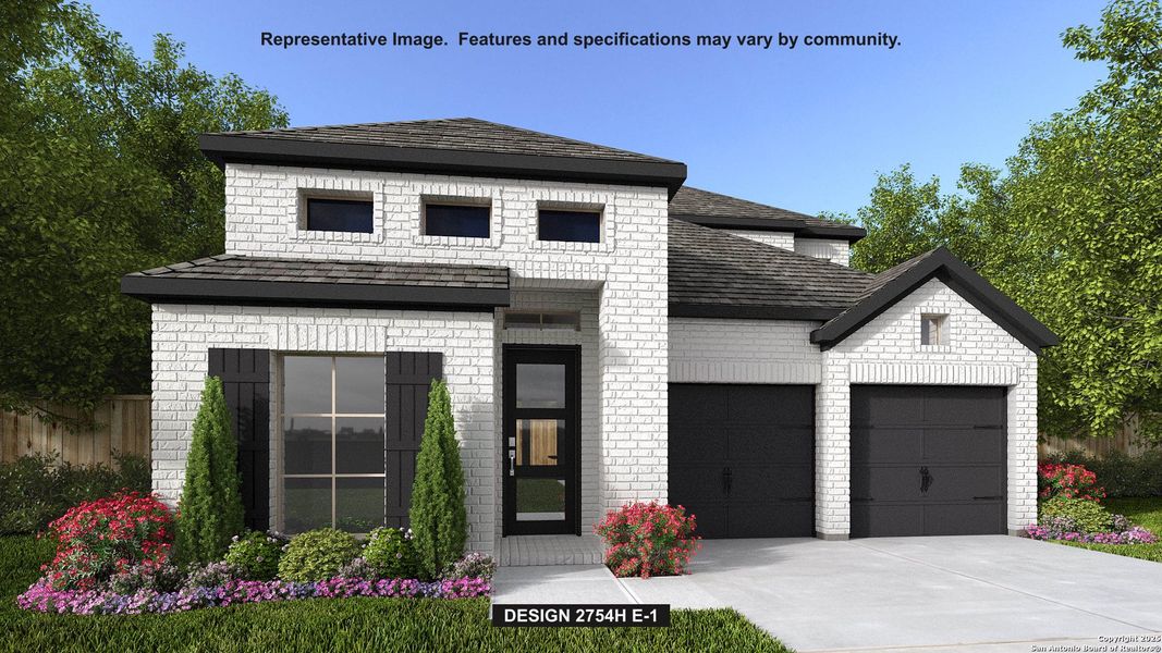 Front exterior of a new home in Homestead 55', Schertz, TX, highlighting curb appeal (Image 1).