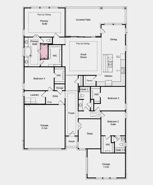 Floor Plan - Additional Highlights Include: 12' x 8' sliding glass door at great room, free standing tub at primary bath, spa shower at primary bath, pre-plumb for future water softener, and gas line at patio Floor Plan - Additional Highlights Include: 12' x 8' sliding glass door at great room, free standing tub at primary bath, spa shower at primary bath, pre-plumb for future water softener, and gas line at patio