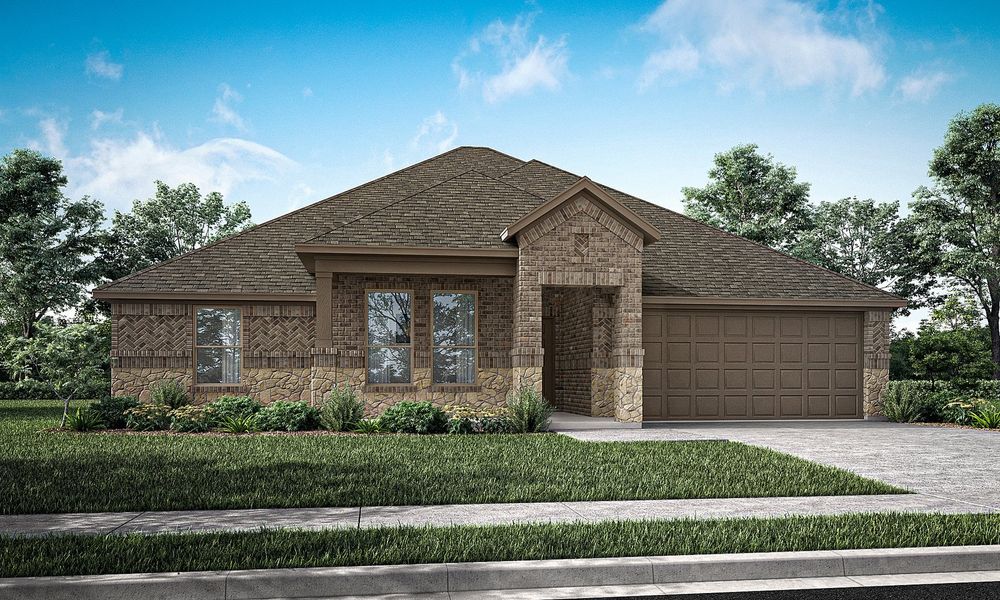 Representative exterior photo of a completed home built from the Dover by Impression Homes in Mountain Valley Lake, Burleson, TX (Image 13). Representative exterior photo of a completed home built from the Dover by Impression Homes in Mountain Valley Lake, Burleson, TX (Image 13).