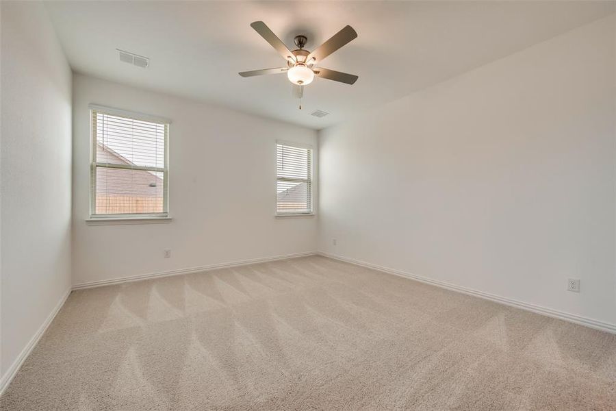 Spare room featuring a healthy amount of sunlight, carpet, and ceiling fan