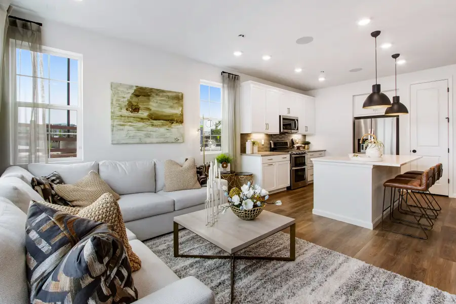 Furnished interior view inside a new home in Candelas Townhomes, Arvada (Image 4). Furnished interior view inside a new home in Candelas Townhomes, Arvada (Image 4).