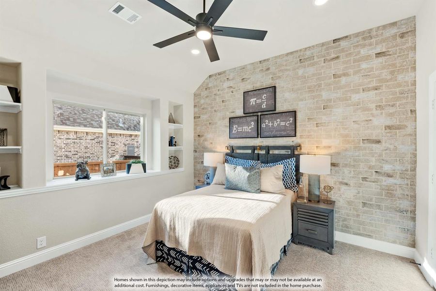 Bedroom with exposed brick accent wall, ceiling fan, built-in shelves, and carpeted floor Bedroom with exposed brick accent wall, ceiling fan, built-in shelves, and carpeted floor