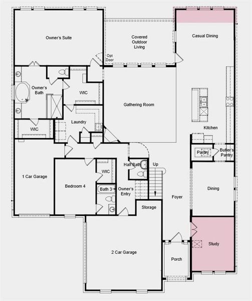 Structural options include: drop in tub at owners bath, study, media room, and extended casual dining.