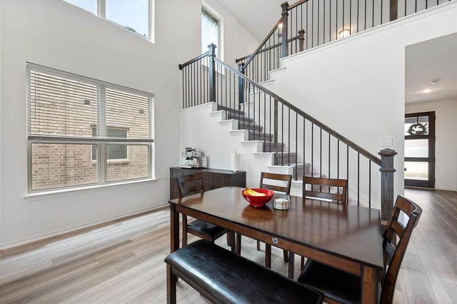 Two-story entryway featuring a wood and wrought iron staircase, wood-finish flooring, and lots of natural light