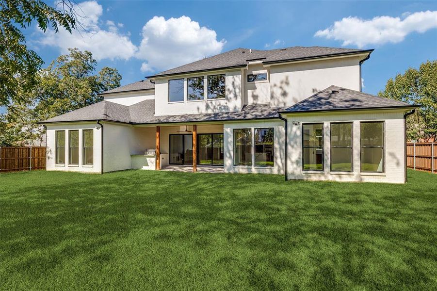 Rear view of property featuring a patio area, roof with shingles, and stucco siding Rear view of property featuring a patio area, roof with shingles, and stucco siding