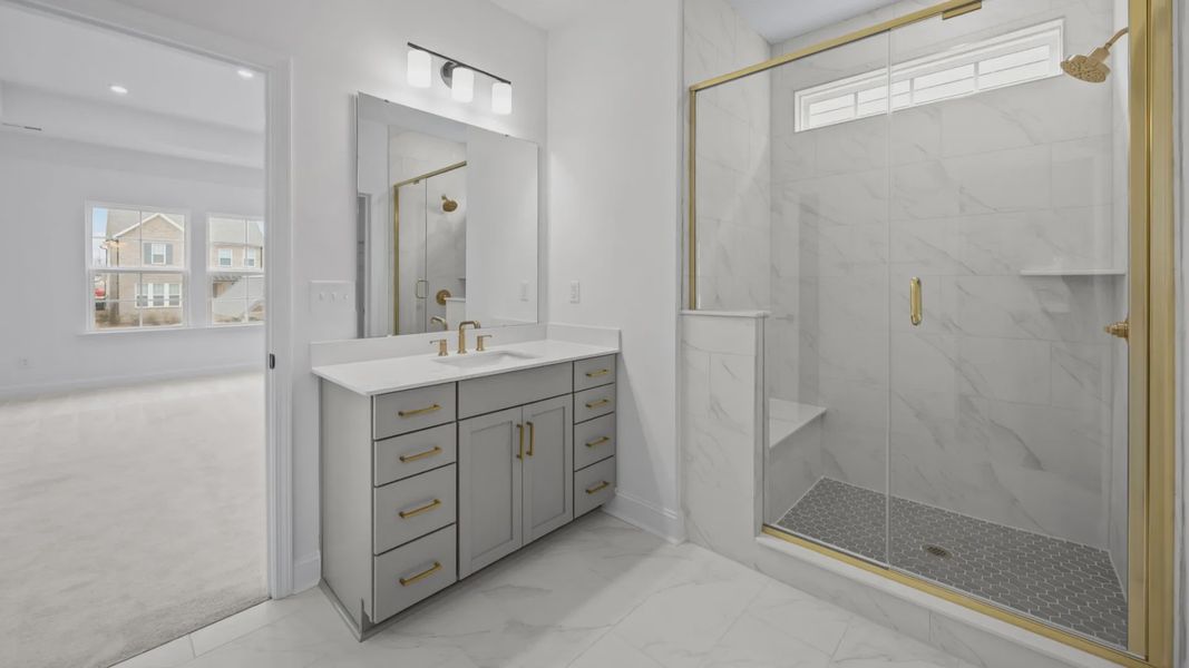 The Brentwood Plan by DRB Homes in River District, Charlotte NC.- Primary Bathroom The Brentwood Plan by DRB Homes in River District, Charlotte NC.- Primary Bathroom