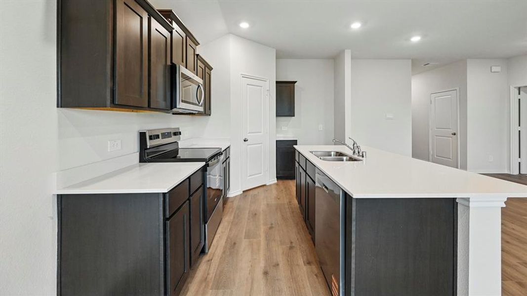 Modern kitchen featuring dark wood cabinetry, light countertops, stainless steel appliances, and wood-style flooring