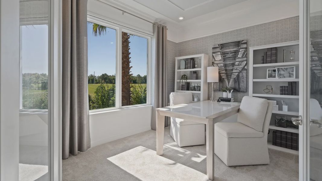 Private study with large double window at a DRB Homes Ambersweet model at the Trinity Place community. Private study with large double window at a DRB Homes Ambersweet model at the Trinity Place community.