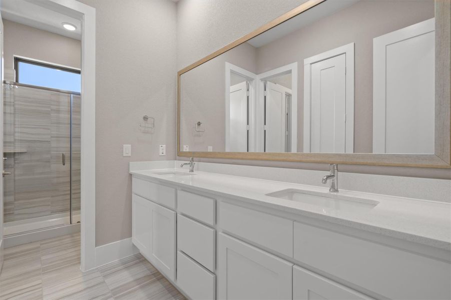 Double vanity and a spacious shower offer luxurious daily routines. Double vanity and a spacious shower offer luxurious daily routines.