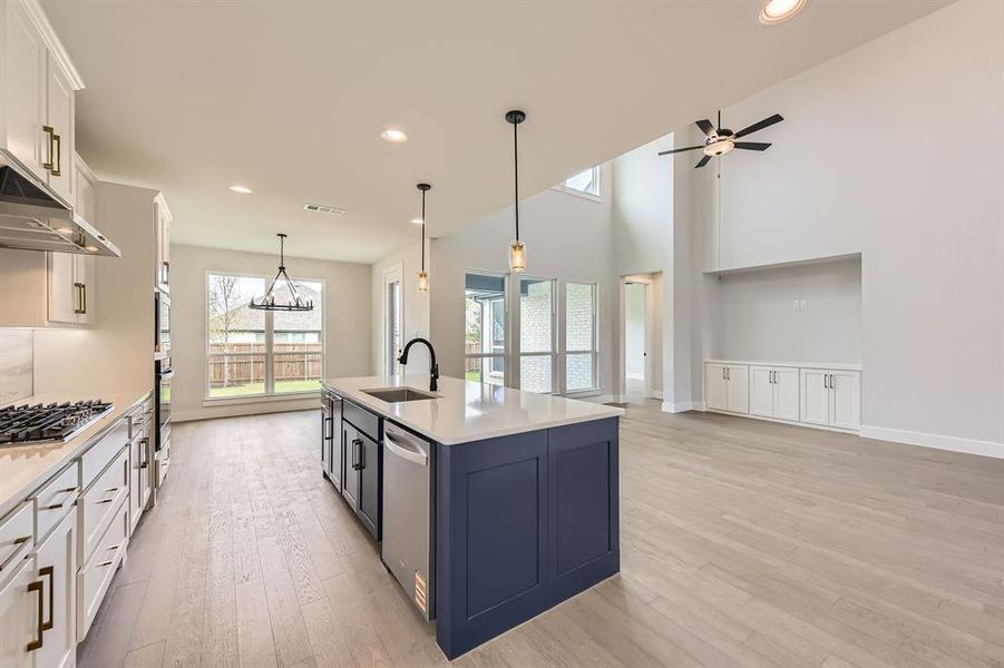 Kitchen with a sink, appliances with stainless steel finishes, light wood-style floors, range hood, and light countertops
