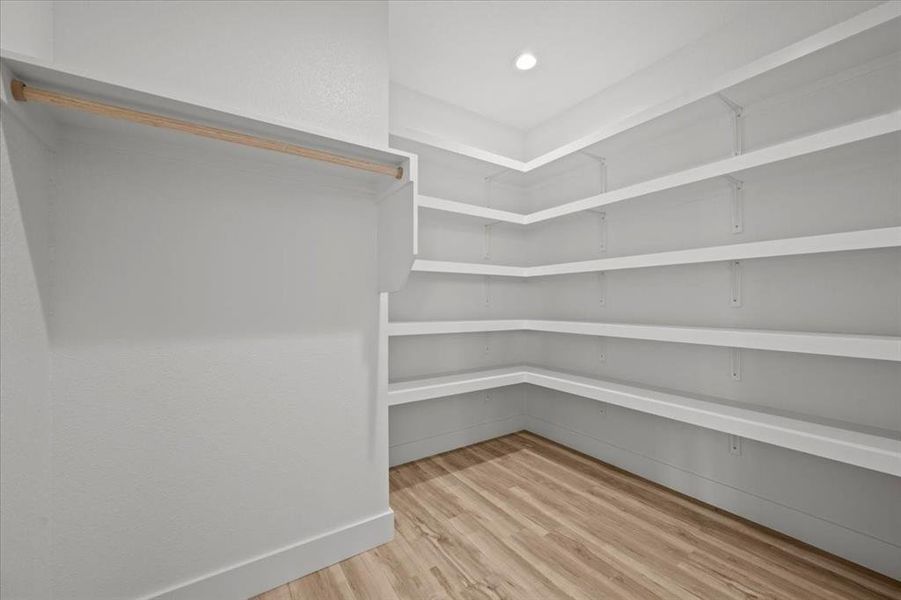 Walk in closet featuring light wood-style flooring