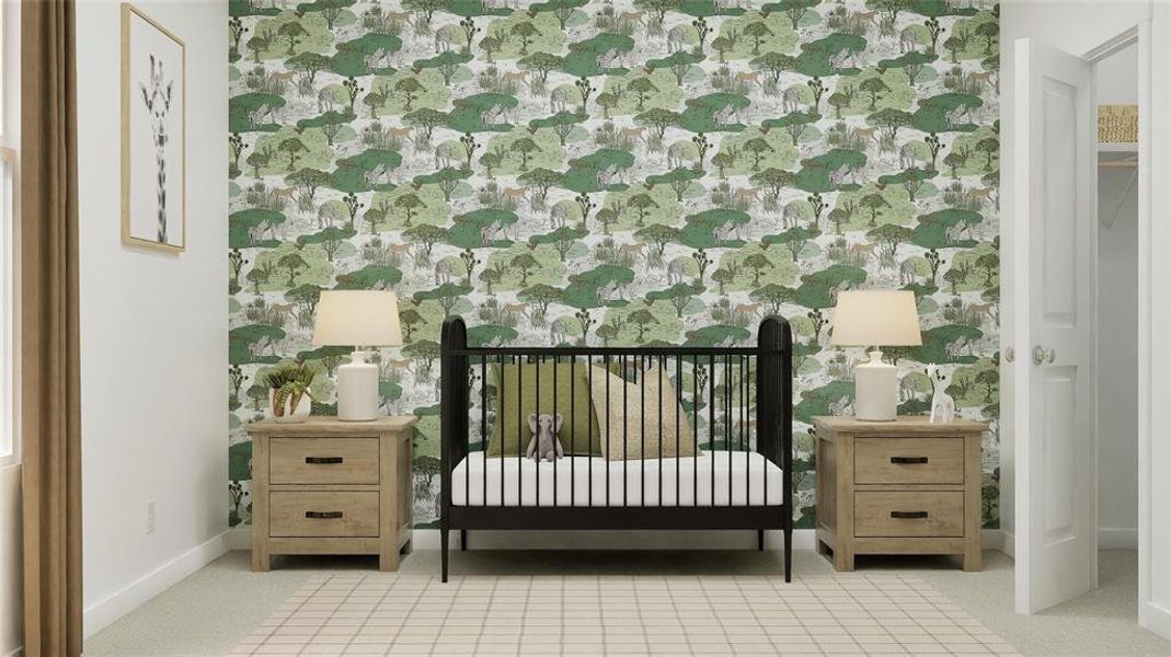 Carpeted bedroom with a nursery area and wallpapered walls Carpeted bedroom with a nursery area and wallpapered walls