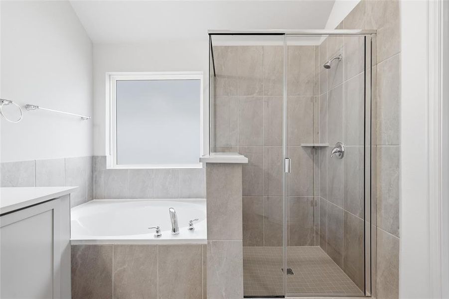 Bathroom with a shower stall, vanity, and a bath