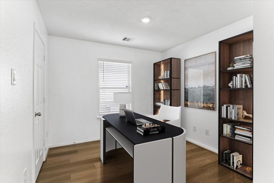 Virtually staged office area. Privately located off entrance to garage. Away from hustle and bustle of family and kitchen areas. Virtually staged office area. Privately located off entrance to garage. Away from hustle and bustle of family and kitchen areas.
