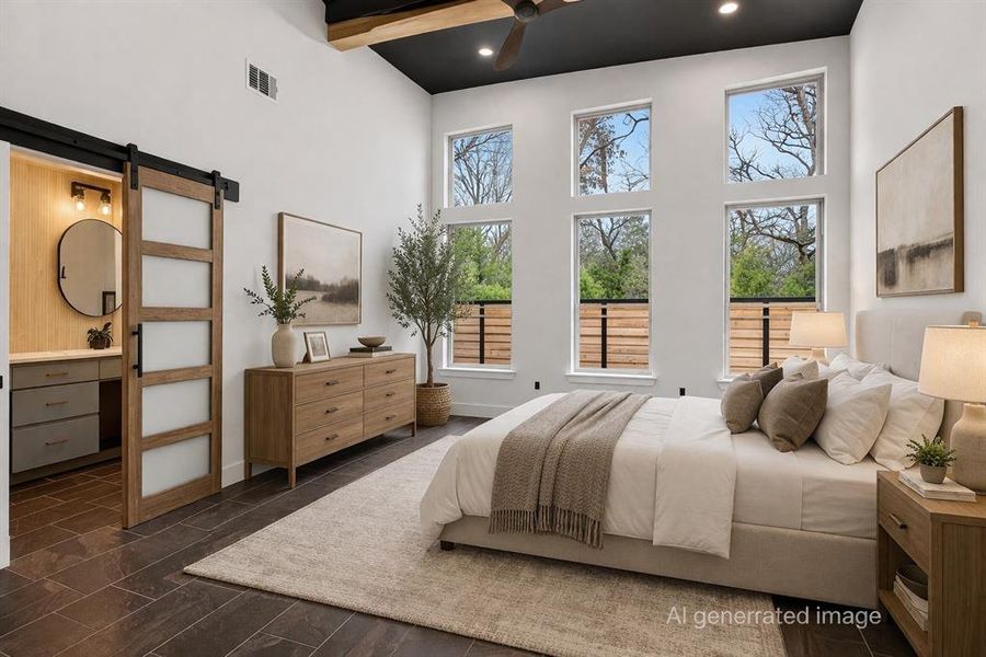Bedroom featuring a barn door, dark wood-style flooring, a ceiling fan, and recessed lighting