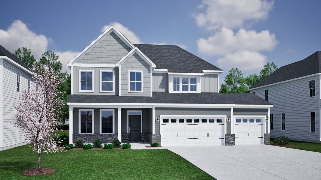 Front exterior of a new home in Brooke Hill, Lewisville, NC, highlighting curb appeal (Image 1). Front exterior of a new home in Brooke Hill, Lewisville, NC, highlighting curb appeal (Image 1).