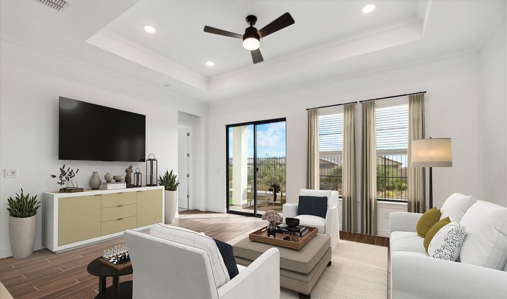 Great room with sliding doors to the outdoors Great room with sliding doors to the outdoors