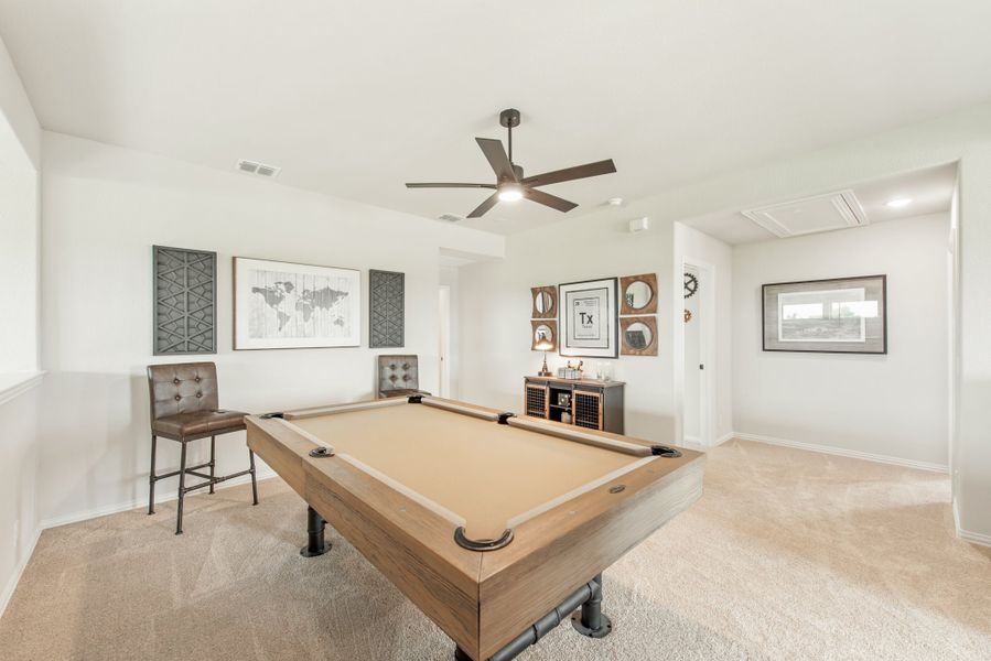 Game room with pool table, ceiling fan, and carpeted floors