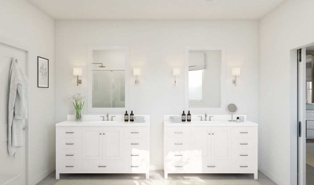 Primary bath with dual freestanding vanities