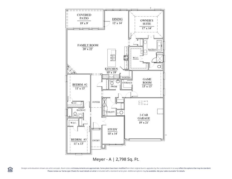 2D floor plan layout for the Meyer by Our Country Homes in Settlers Glen, New Fairview, TX (Image 3).