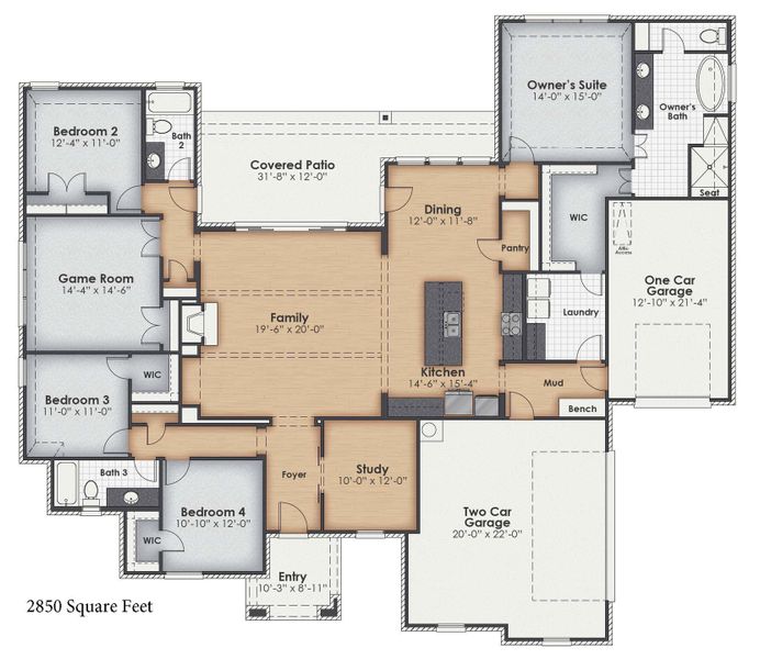 2D floor plan layout for the The San Antonio by Kenmark Homes in Rocky Top Ranch, Reno, TX (Image 1).