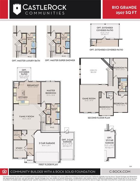 Rio Grande Floor Plan layout featuring a spacious two-story design with 4 bedrooms, game room, home office, and open concept living areas.