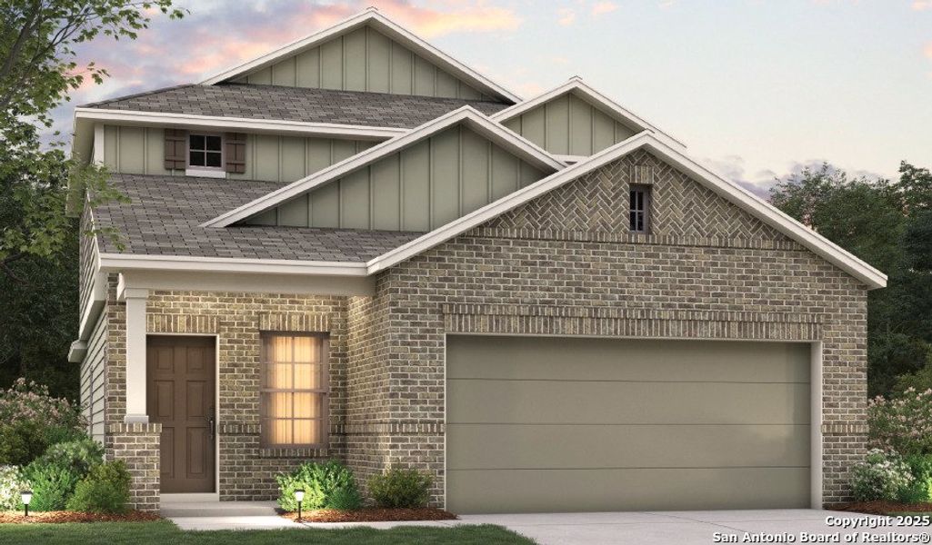 Front exterior of a new home in Park Place, New Braunfels, TX, highlighting curb appeal (Image 1).