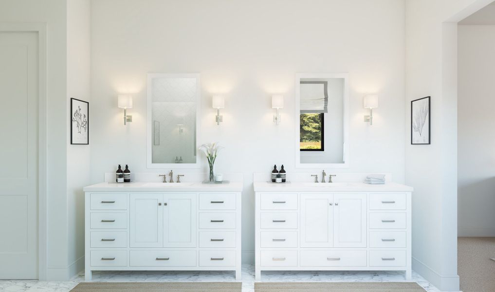 Primary bath with dual vanities and brushed nickel fixtures