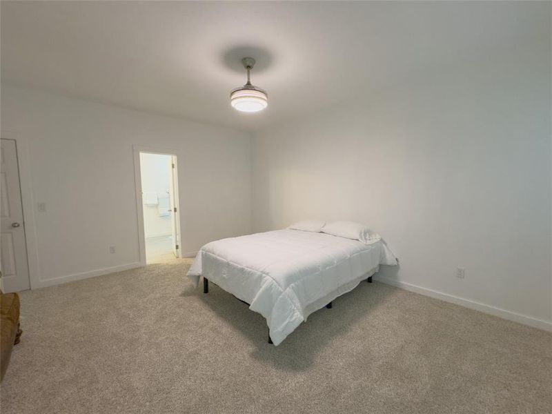 Carpeted bedroom with connected bathroom