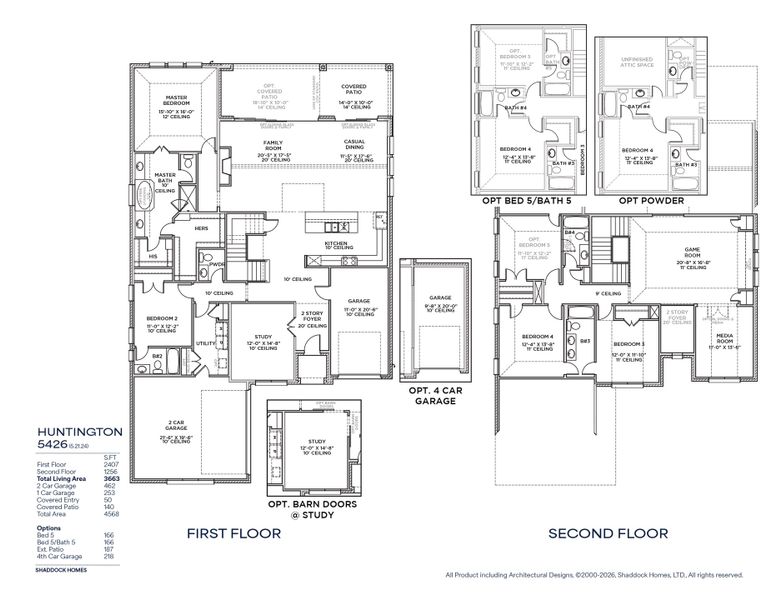2D floor plan layout for the Huntington - SH 5426 by Shaddock Homes in The Homestead - 62', Rockwall, TX (Image 3).