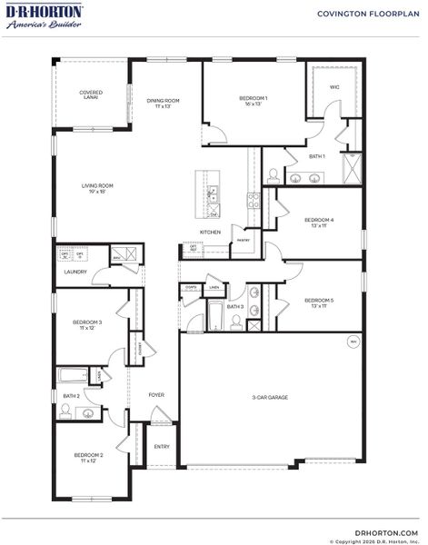 2D floor plan layout for the Covington by D.R. Horton in Port St. Lucie Spot Lots, Port St. Lucie, FL (Image 3).