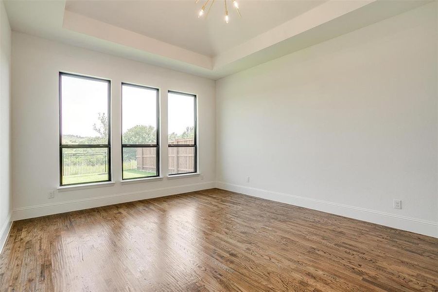 Unfurnished room featuring a chandelier, dark wood-type flooring, and a raised ceiling