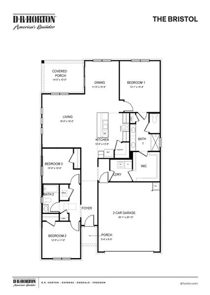 2D floor plan layout for the BRISTOL by D.R. Horton in Village Park, Oakland, TN (Image 2).